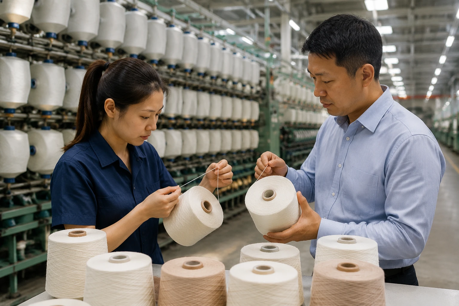 Revisión de conos de hilo regenerado antes de la producción textil
