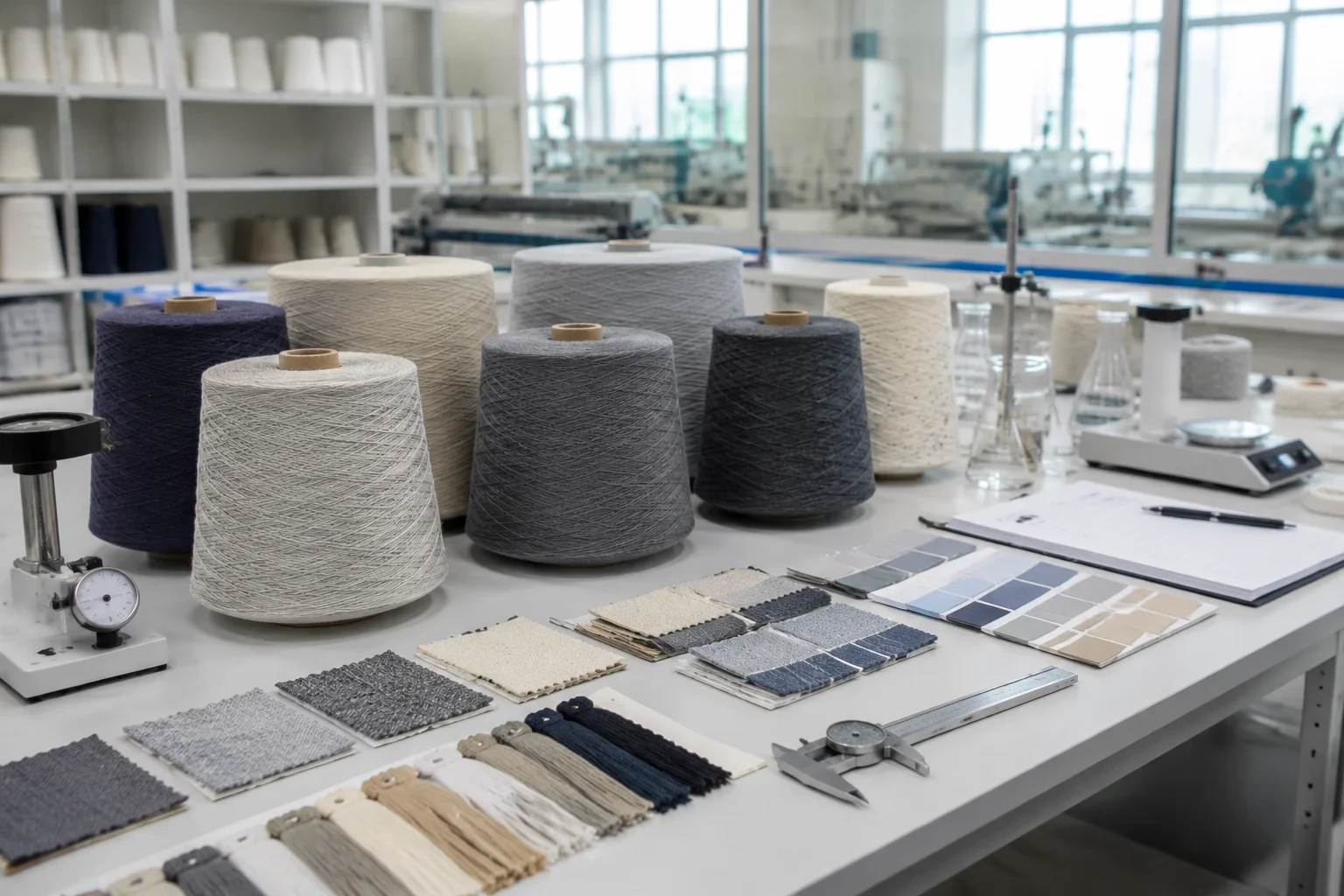 Inspección de calidad de conos de hilo reciclado y muestras textiles