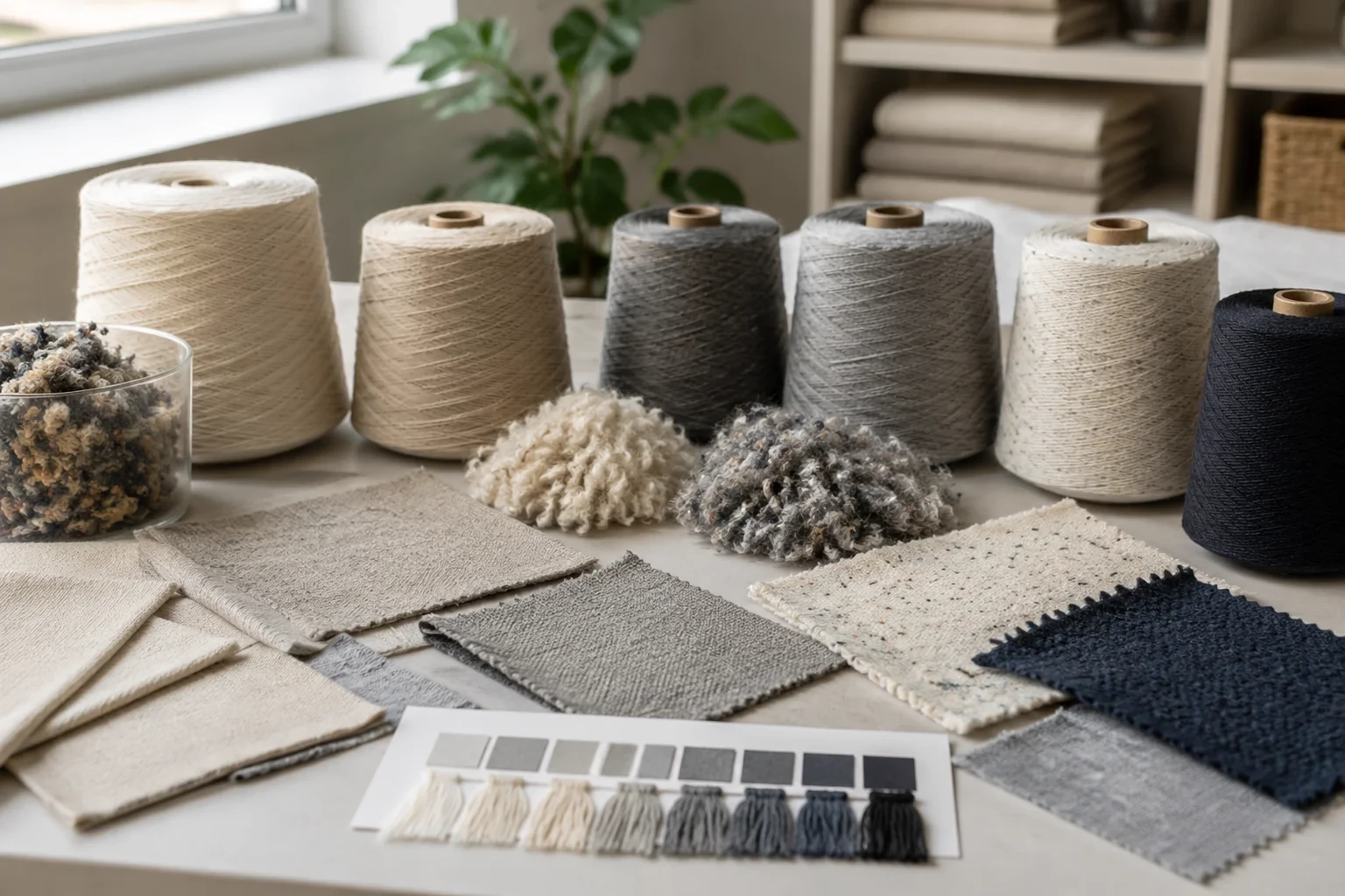 Conos de hilo reciclado y regenerado preparados para la comparación de muestras textiles